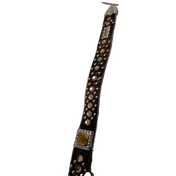 BHW Womens M Belt Leather Faux Cow Fur Rhinestone Western Cowgirl Bling Studded - Picture 6 of 9